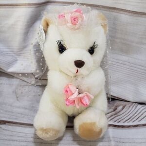 Russ White Bride Teddy Bear With Pink Roses  Stuffed Animal 7 Inch Lace Veil